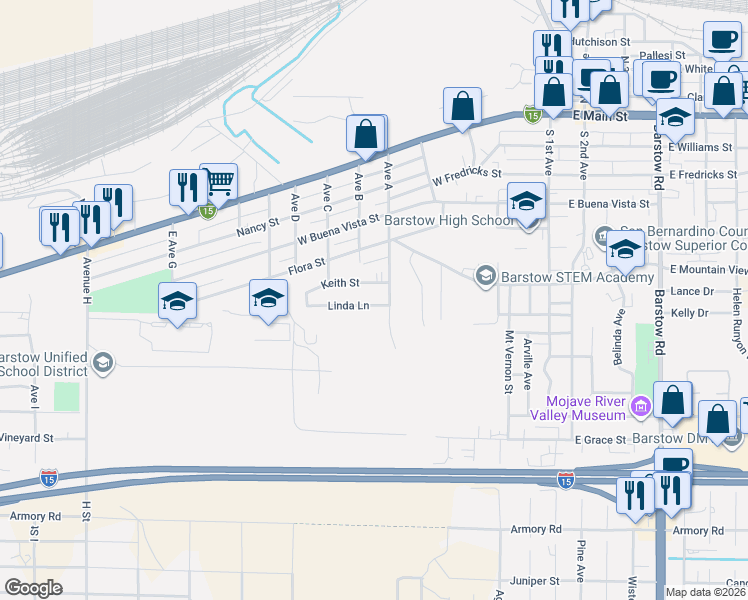 map of restaurants, bars, coffee shops, grocery stores, and more near 453 Avenue A in Barstow