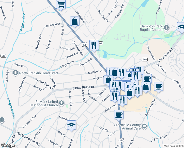map of restaurants, bars, coffee shops, grocery stores, and more near 315 Rogers Avenue in Greenville