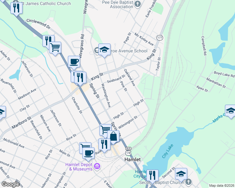 map of restaurants, bars, coffee shops, grocery stores, and more near 404 West Avenue in Hamlet