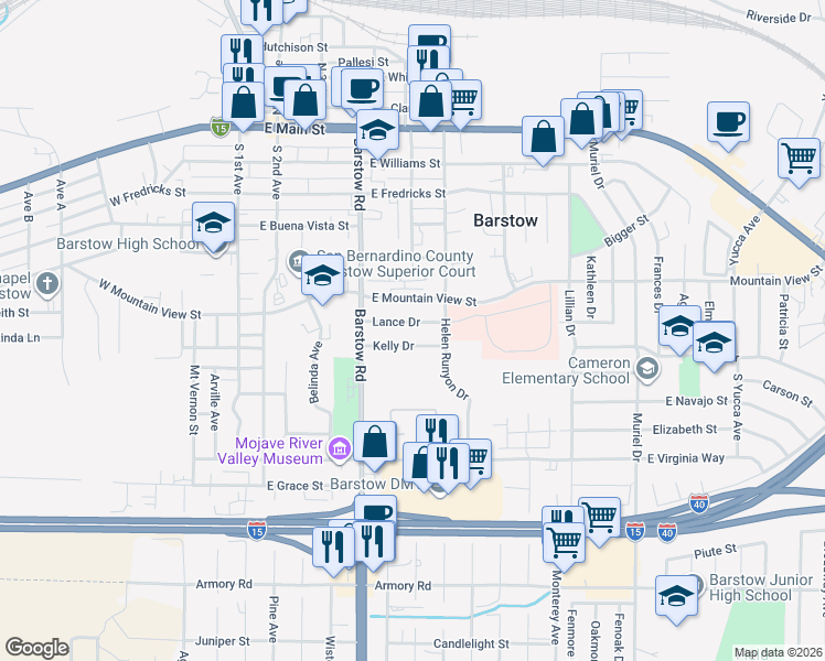 map of restaurants, bars, coffee shops, grocery stores, and more near 610 Lance Drive in Barstow