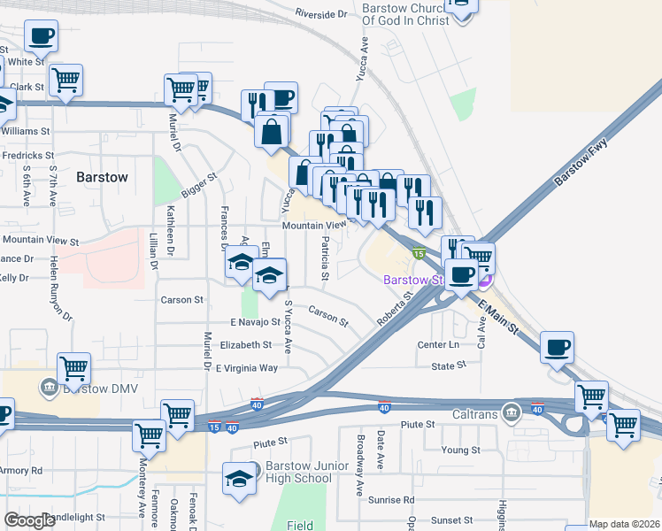 map of restaurants, bars, coffee shops, grocery stores, and more near 711 Patricia Avenue in Barstow