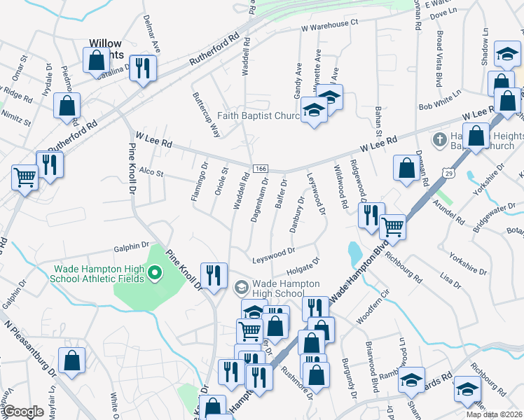 map of restaurants, bars, coffee shops, grocery stores, and more near 26 Dagenham Drive in Greenville