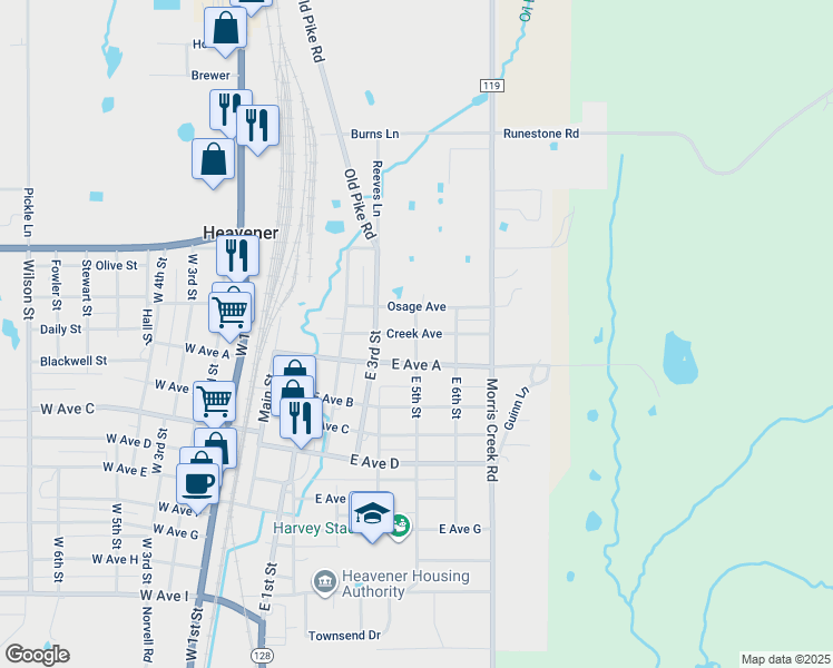 map of restaurants, bars, coffee shops, grocery stores, and more near Creek Avenue in Heavener