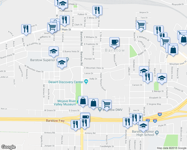 map of restaurants, bars, coffee shops, grocery stores, and more near 610 Lance Drive in Barstow
