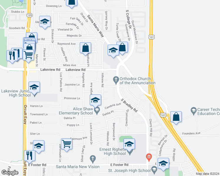 map of restaurants, bars, coffee shops, grocery stores, and more near 840 Francine Lane in Santa Maria