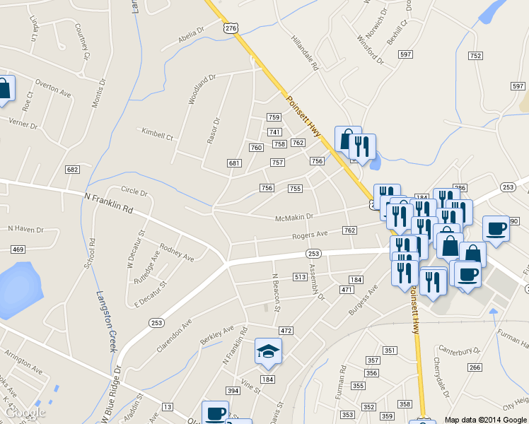 map of restaurants, bars, coffee shops, grocery stores, and more near 226 McMakin Drive in Greenville
