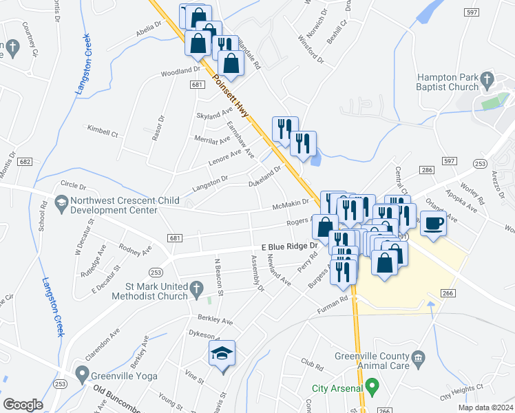 map of restaurants, bars, coffee shops, grocery stores, and more near 1B Christopher Street in Greenville