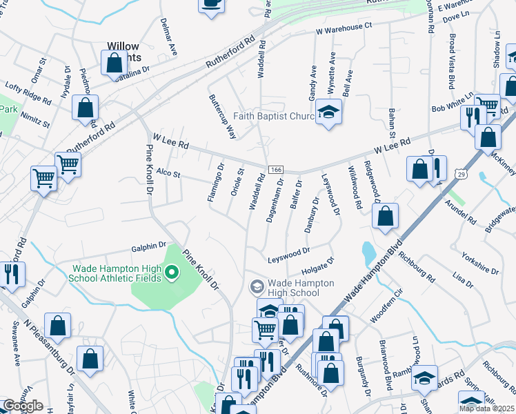 map of restaurants, bars, coffee shops, grocery stores, and more near 120 Waddell Road in Greenville