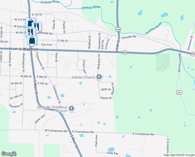 map of restaurants, bars, coffee shops, grocery stores, and more near 600 East 8th Street in Waldron