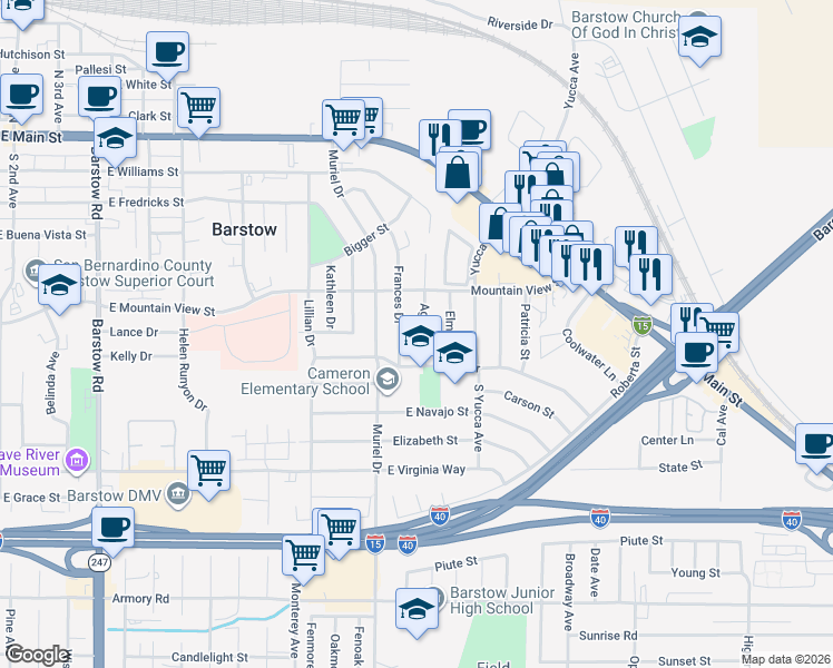 map of restaurants, bars, coffee shops, grocery stores, and more near 700 Agnes Drive in Barstow