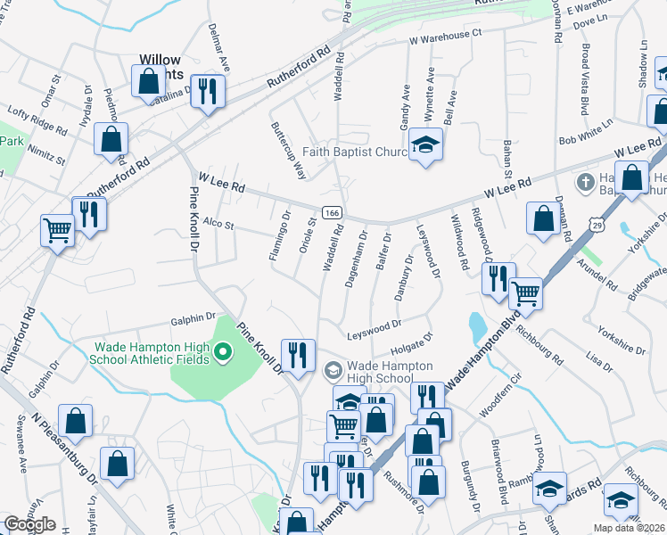 map of restaurants, bars, coffee shops, grocery stores, and more near 128 Waddell Road in Greenville