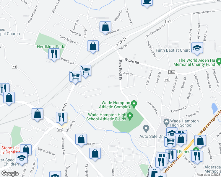 map of restaurants, bars, coffee shops, grocery stores, and more near 25 Oakwood Drive in Greenville