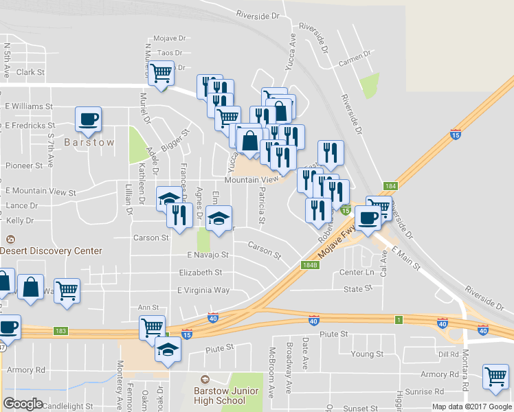 map of restaurants, bars, coffee shops, grocery stores, and more near 640 Stevens Avenue in Barstow