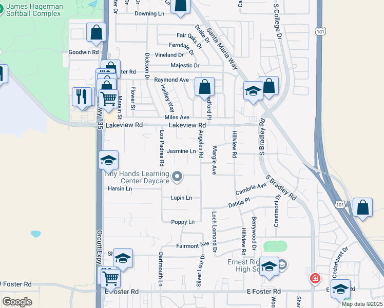 map of restaurants, bars, coffee shops, grocery stores, and more near 573 Jasmine Lane in Santa Maria
