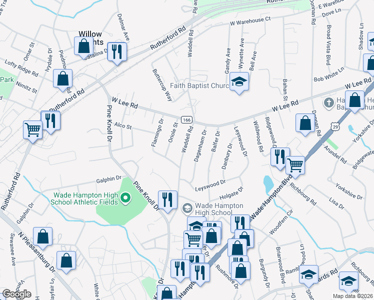 map of restaurants, bars, coffee shops, grocery stores, and more near 128 Waddell Road in Greenville