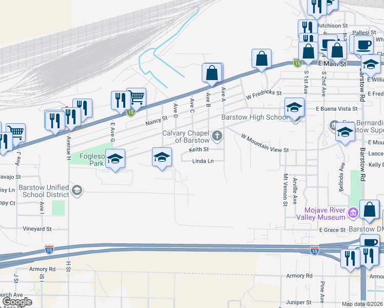map of restaurants, bars, coffee shops, grocery stores, and more near 850 Keith Street in Barstow