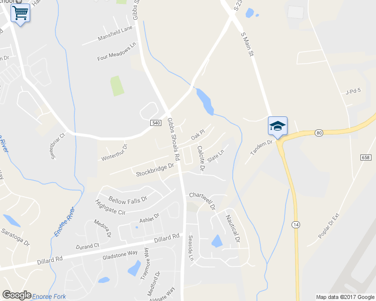 map of restaurants, bars, coffee shops, grocery stores, and more near 65 Roselite Circle in Greer