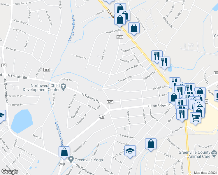 map of restaurants, bars, coffee shops, grocery stores, and more near 308 McMakin Drive in Greenville