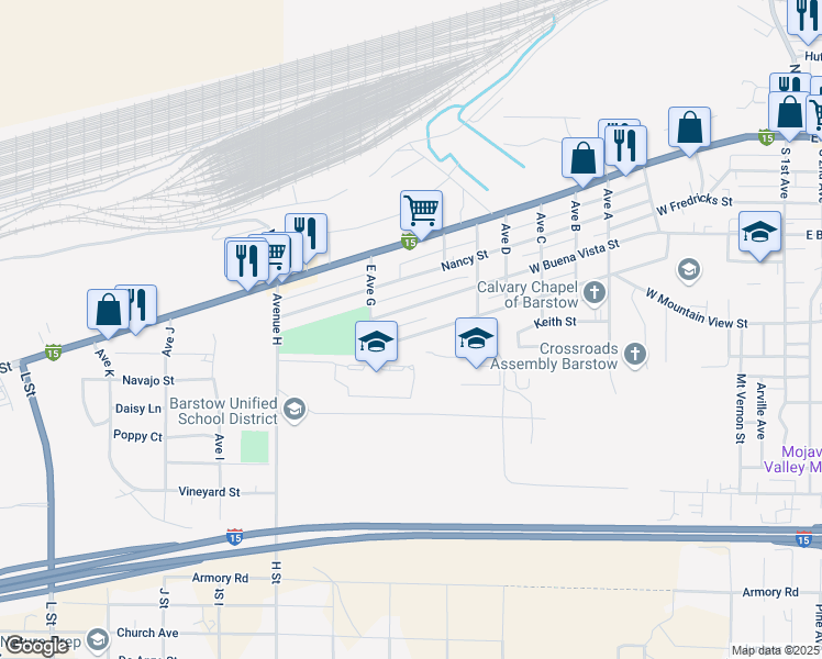 map of restaurants, bars, coffee shops, grocery stores, and more near 1240 West Buena Vista Street in Barstow