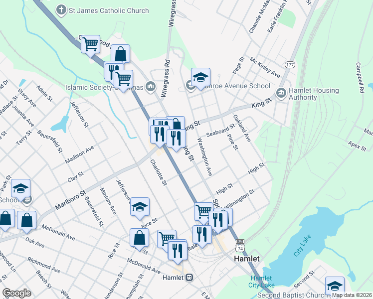 map of restaurants, bars, coffee shops, grocery stores, and more near 601 Washington Avenue in Hamlet