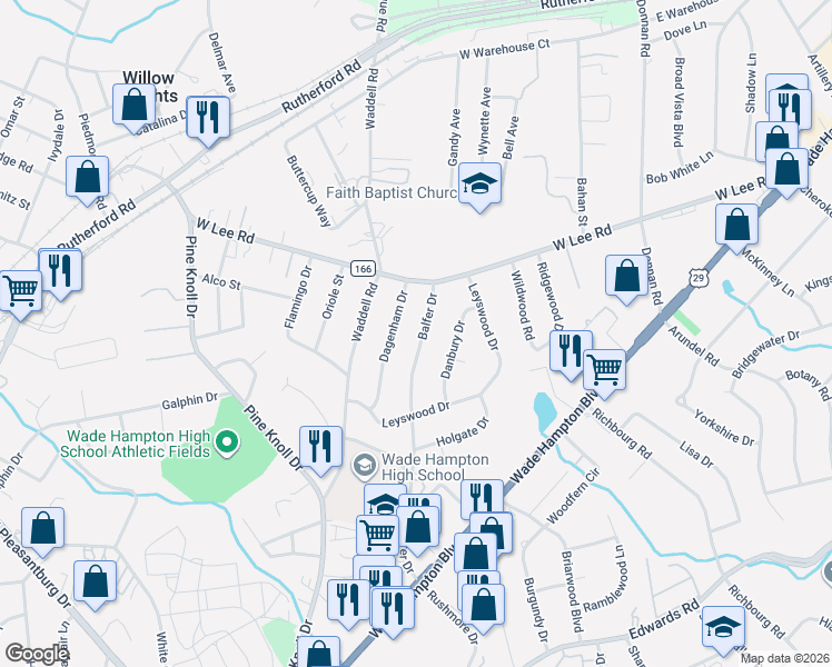 map of restaurants, bars, coffee shops, grocery stores, and more near 237 Balfer Drive in Greenville