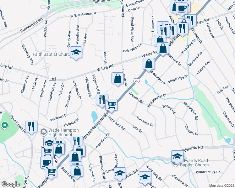 map of restaurants, bars, coffee shops, grocery stores, and more near 2413 Wade Hampton Boulevard in Greenville
