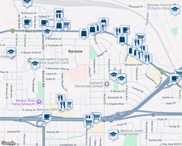 map of restaurants, bars, coffee shops, grocery stores, and more near 611 Lillian Drive in Barstow