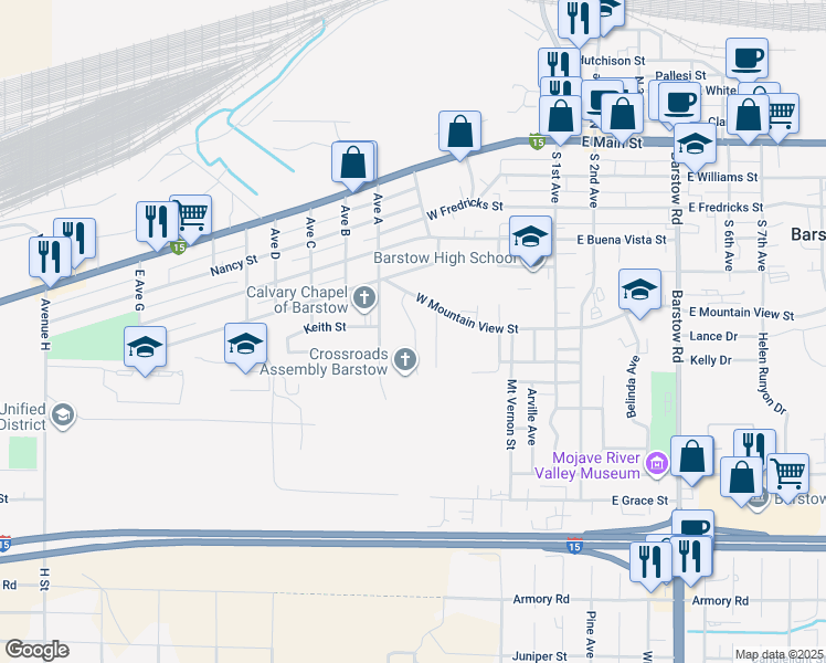 map of restaurants, bars, coffee shops, grocery stores, and more near 433 Highland Avenue in Barstow