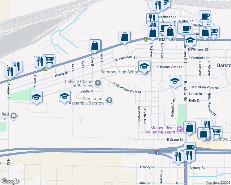 map of restaurants, bars, coffee shops, grocery stores, and more near 433 Highland Avenue in Barstow