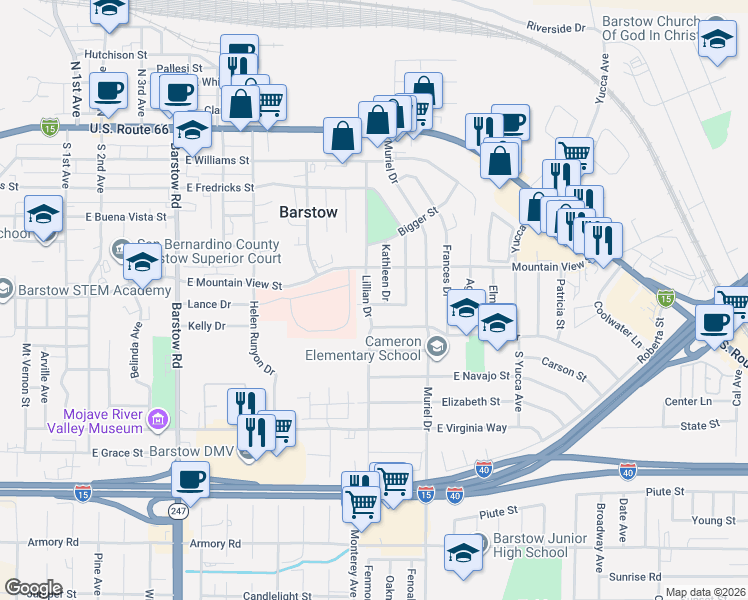 map of restaurants, bars, coffee shops, grocery stores, and more near 590 Lillian Drive in Barstow