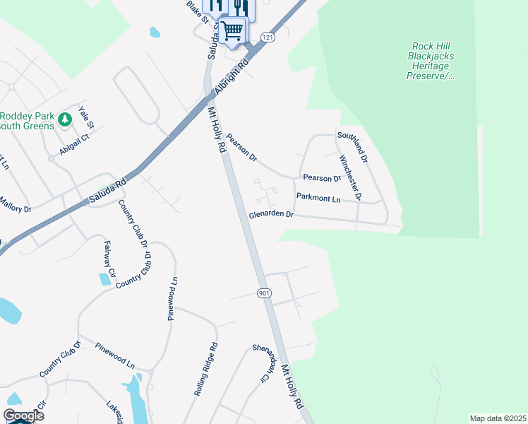 map of restaurants, bars, coffee shops, grocery stores, and more near 1041 Glenarden Drive in Rock Hill