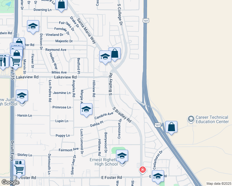 map of restaurants, bars, coffee shops, grocery stores, and more near 3694 Corta Bella Way in Santa Maria