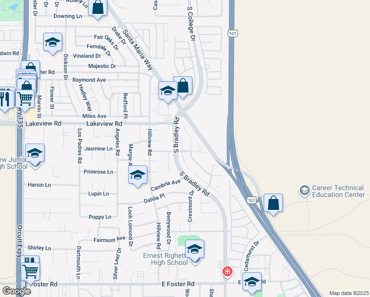 map of restaurants, bars, coffee shops, grocery stores, and more near 3694 Corta Bella Way in Santa Maria