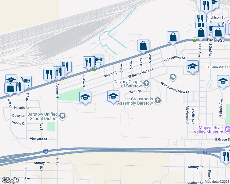 map of restaurants, bars, coffee shops, grocery stores, and more near 1010 Flora Street in Barstow