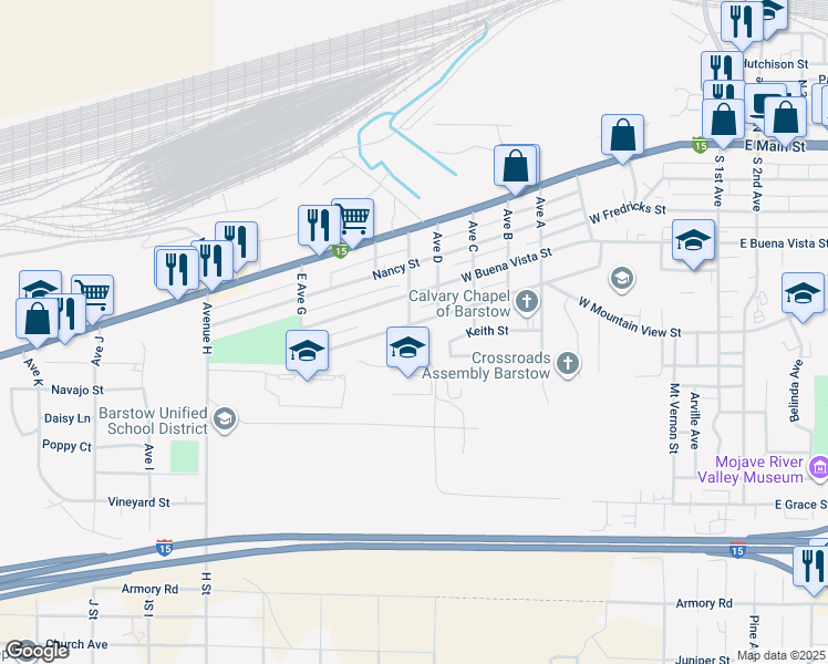 map of restaurants, bars, coffee shops, grocery stores, and more near 1010 Flora Street in Barstow