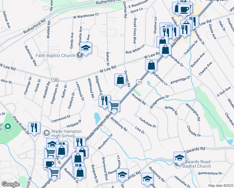 map of restaurants, bars, coffee shops, grocery stores, and more near 10 North Gaywood Drive in Greenville