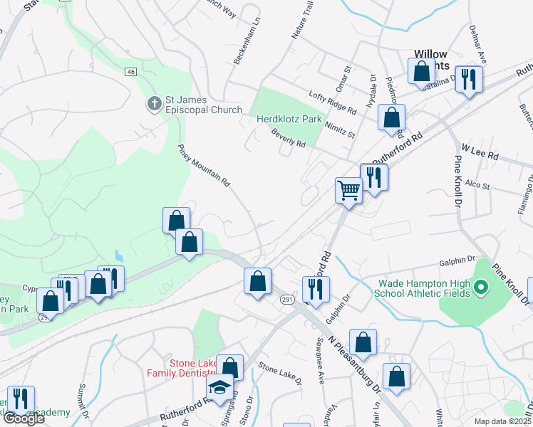 map of restaurants, bars, coffee shops, grocery stores, and more near 204 Piney Mountain Road in Greenville