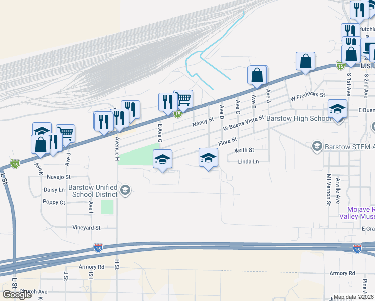 map of restaurants, bars, coffee shops, grocery stores, and more near 1240 West Buena Vista Street in Barstow
