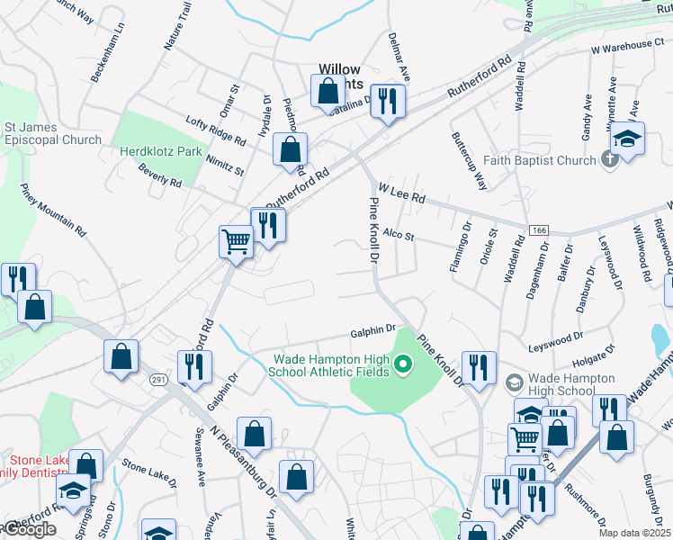 map of restaurants, bars, coffee shops, grocery stores, and more near 32 Oakwood Drive in Greenville