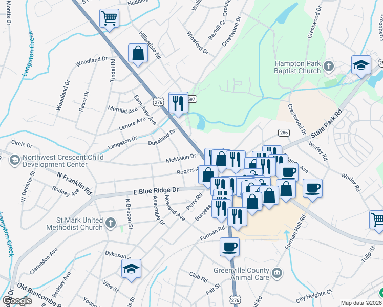 map of restaurants, bars, coffee shops, grocery stores, and more near 4 McMakin Drive in Greenville