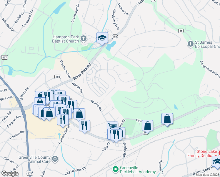 map of restaurants, bars, coffee shops, grocery stores, and more near 328 Sorono Drive in Greenville