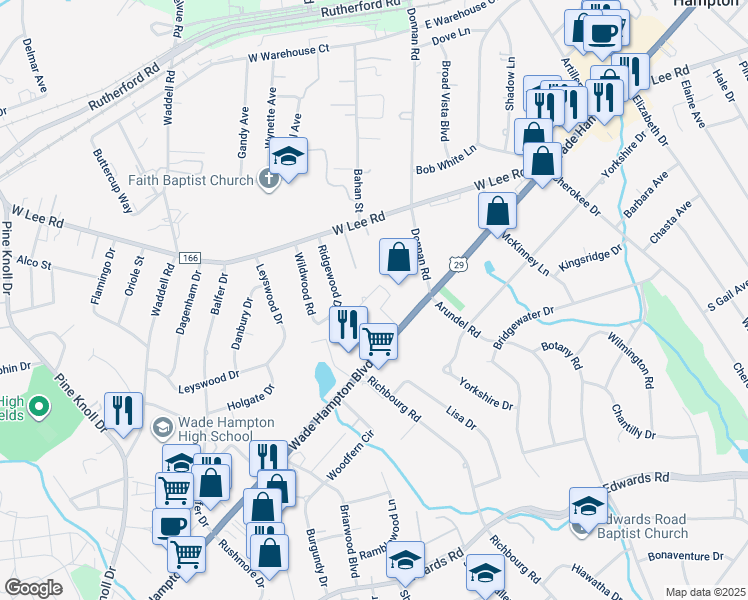 map of restaurants, bars, coffee shops, grocery stores, and more near 10 North Gaywood Drive in Greenville