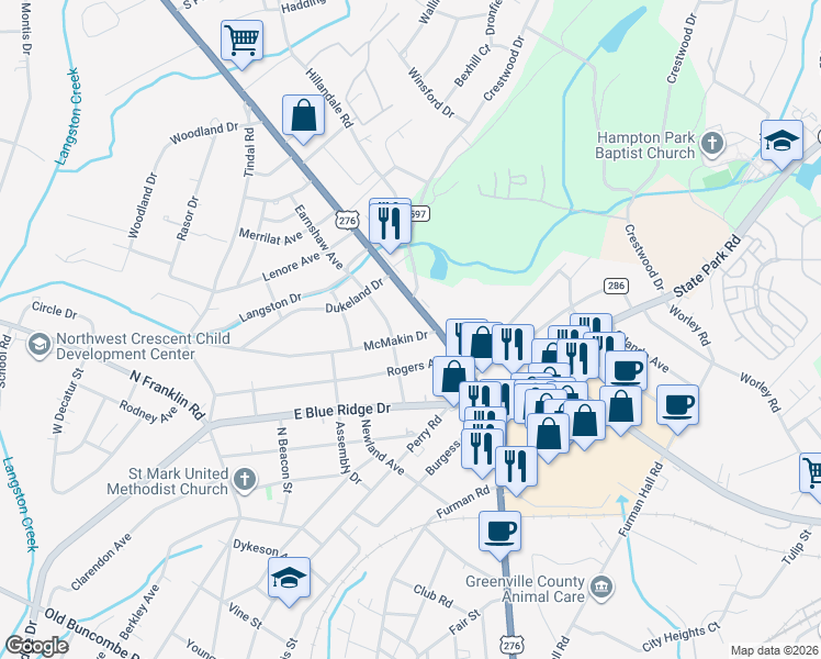map of restaurants, bars, coffee shops, grocery stores, and more near 4 McMakin Drive in Greenville