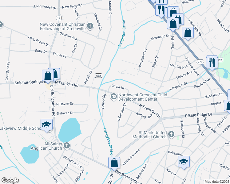 map of restaurants, bars, coffee shops, grocery stores, and more near 996 North Franklin Road in Greenville