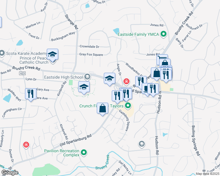 map of restaurants, bars, coffee shops, grocery stores, and more near 1344 Brushy Creek Road in Taylors