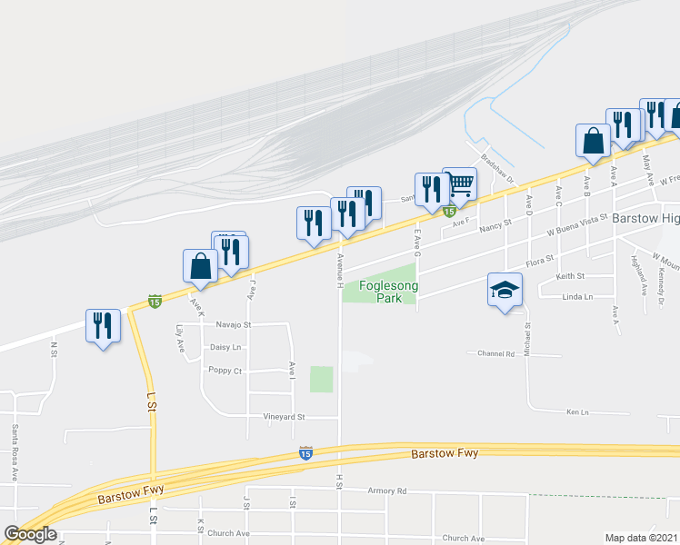 map of restaurants, bars, coffee shops, grocery stores, and more near Avenue H & Nancy Street in Barstow