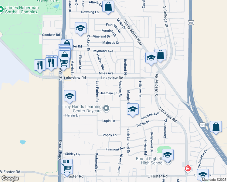 map of restaurants, bars, coffee shops, grocery stores, and more near 573 Jasmine Ln in Santa Maria