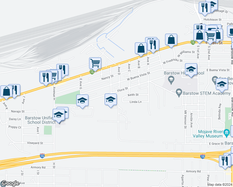 map of restaurants, bars, coffee shops, grocery stores, and more near 1010 Flora Street in Barstow