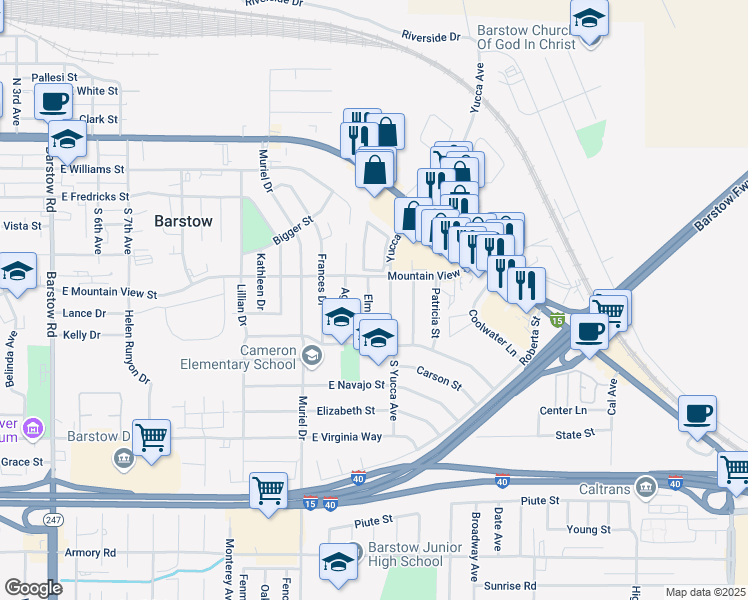 map of restaurants, bars, coffee shops, grocery stores, and more near 641 Elm Drive in Barstow