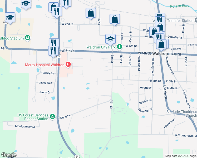 map of restaurants, bars, coffee shops, grocery stores, and more near 870 South Elm Street in Waldron